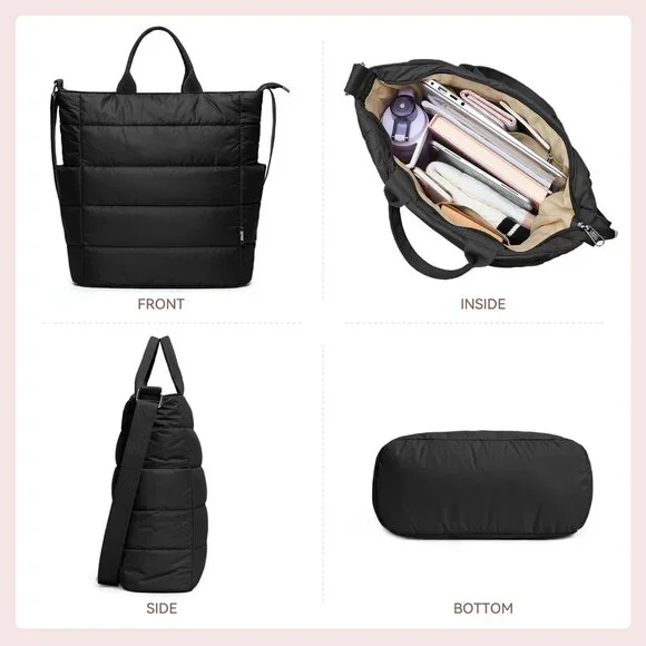 Quilted Tote Bag, Puffer Hobo Laptop Bag Anti Splash Crossbody Zipper Shoulder B